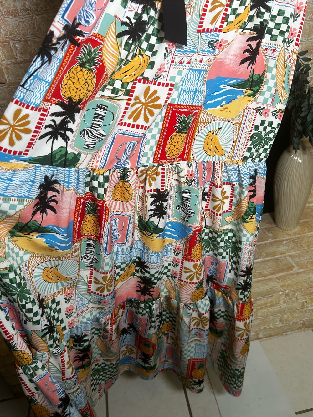 Skies Are Blue Tropical Patchwork Tiered Maxi Dress M Resort Boho old money #632 - Picture 5 of 14